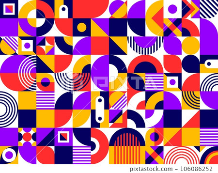 Abstract geometric bauhaus elements pattern background with vector color circles, squares, triangles, round lines and dots. Modern bauhaus seamless background of simple geometric shapes and figures Abstract geometric bauhaus elements pattern background with vector color circles, squares, triangles, round lines and dots. Modern bauhaus seamless background of simple geometric shapes and figures 106086252