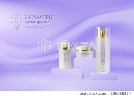 Light purple lavender podium and cosmetics mockup. Vector realistic bottles and jar of natural cosmetic products on display pedestal, stand or platform. Skincare gel ad banner, pastel wall background Light purple lavender podium and cosmetics mockup. Vector realistic bottles and jar of natural cosmetic products on display pedestal, stand or platform. Skincare gel ad banner, pastel wall background 106086254