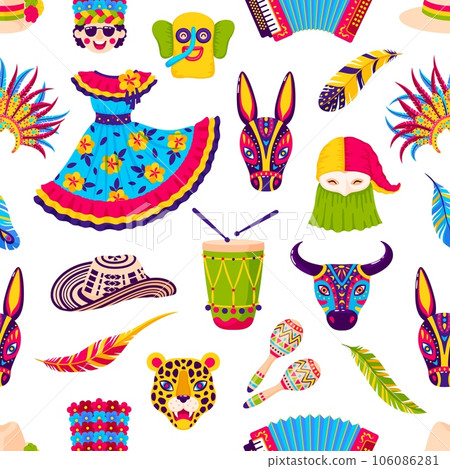 Barranquilla carnival seamless pattern. Vector tile background with holiday traditional feathers, crown, bright dress, hat, animal mask, maracas, accordion and drum for folkloric party celebration Barranquilla carnival seamless pattern. Vector tile background with holiday traditional feathers, crown, bright dress, hat, animal mask, maracas, accordion and drum for folkloric party celebration 106086281
