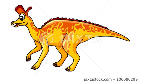 Cartoon lambeosaurus dinosaur character. Isolated vector herbivorous hadrosaur dino that lived in North America during the Cretaceous Period. Paleontology wildlife creature with yellow skin and crest 106086299