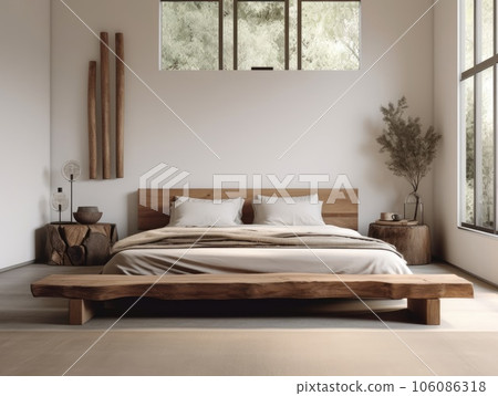 Bright beige wooden bedroom, minimal modern style. Generative AI 106086318