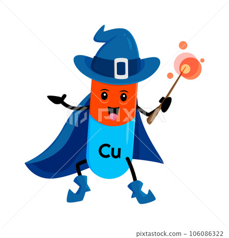 Cartoon cuprum or copper micronutrient mineral mage character. Isolated vector Cu wizard warlock nutrient capsule personage wear witch hat and cloak holding wand. Funny supplement sorcerer personage Cartoon cuprum or copper micronutrient mineral mage character. Isolated vector Cu wizard warlock nutrient capsule personage wear witch hat and cloak holding wand. Funny supplement sorcerer personage 106086322