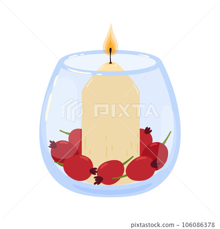 Aromatic spa candle in glass jar, isolated vector wax candlelight with burning fire flame light in round transparent bowl with rosehip berries. Scented home item for relaxation and meditation Aromatic spa candle in glass jar, isolated vector wax candlelight with burning fire flame light in round transparent bowl with rosehip berries. Scented home item for relaxation and meditation 106086378