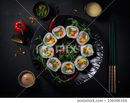 Top view of delicious sushi rolls on black table, Japanese food. Generative AI 106086388