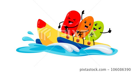 Cartoon potassium, kalium micronutrient characters riding water banana boat on summer beach vacation. Funny vector K capsule personages sitting on boat with cheerful emotions during holiday activity Cartoon potassium, kalium micronutrient characters riding water banana boat on summer beach vacation. Funny vector K capsule personages sitting on boat with cheerful emotions during holiday activity 106086390