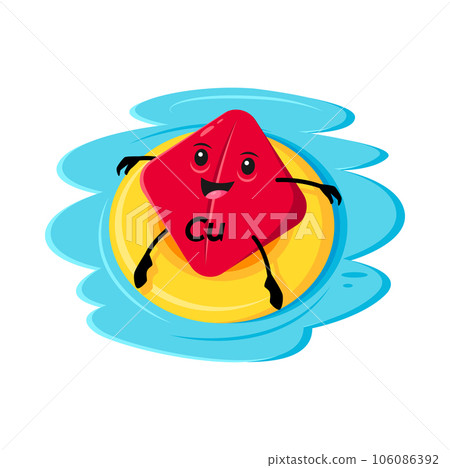 Cartoon copper or cuprum micronutrient character on floater ring. Vector Cu nutritious element capsule personage relax on tropical ocean beach or pool, tanning and relaxing during summer vacation Cartoon copper or cuprum micronutrient character on floater ring. Vector Cu nutritious element capsule personage relax on tropical ocean beach or pool, tanning and relaxing during summer vacation 106086392