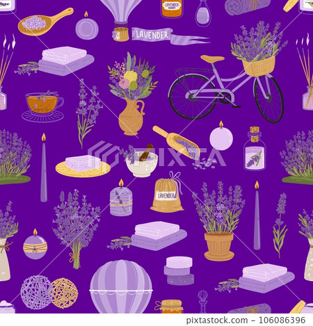 Lavender flowers, herb and bunch pattern of aroma spa cosmetics, vector background. Lavender products pattern with purple candle, lavender essential oil, aromatherapy soap and French Provence bicycle Lavender flowers, herb and bunch pattern of aroma spa cosmetics, vector background. Lavender products pattern with purple candle, lavender essential oil, aromatherapy soap and French Provence bicycle 106086396
