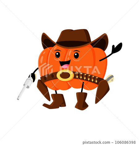 Cartoon pumpkin vegetable cowboy, ranger or bandit character. Vector ripe gourd personage, Funny cheerful fairytale healthy food, brave garden veggies wear boots, belt and hat, horseman fresh squash Cartoon pumpkin vegetable cowboy, ranger or bandit character. Vector ripe gourd personage, Funny cheerful fairytale healthy food, brave garden veggies wear boots, belt and hat, horseman fresh squash 106086398