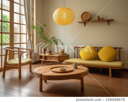Yellow Japanese style living room with wooden decoration. Generative AI 106086679