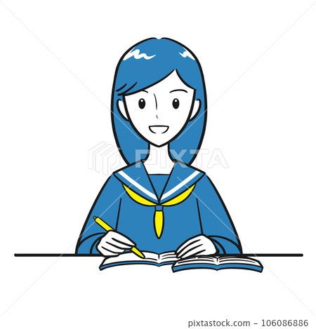 A female student who opens a textbook and a notebook to study (simple) 106086886