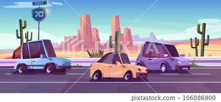 Desert west road and car traffic cartoon landscape 106086900