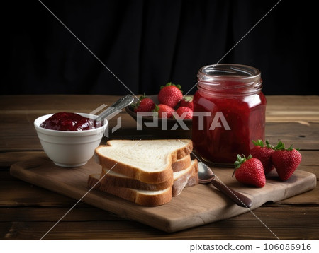 Toast with strawberry jam for breakfast on wooden table. Generative AI Toast with strawberry jam for breakfast on wooden table. Generative AI 106086916