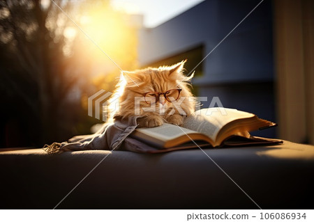 Intelligent cute cat in glasses reading a book, generative ai illustration 106086934