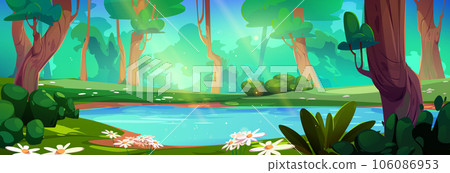 Summer forest lake landscape background scene Summer forest lake landscape background scene 106086953