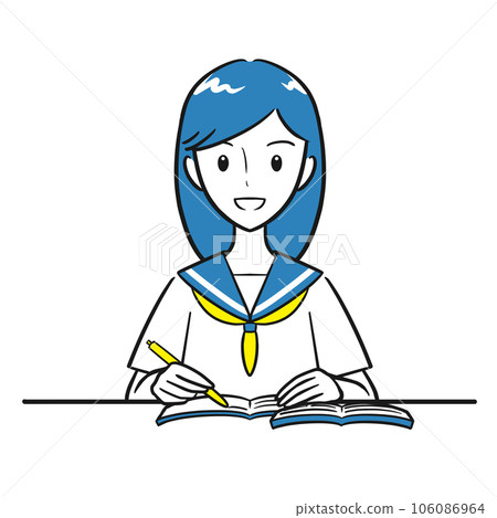 打開課本和筆記本學習的女學生（簡單） 106086964