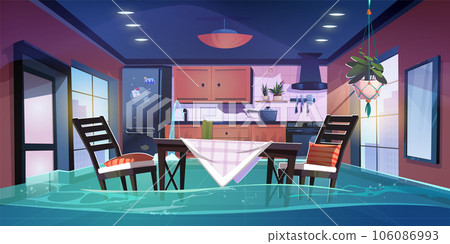 Flood in broken kitchen house room vector cartoon 106086993