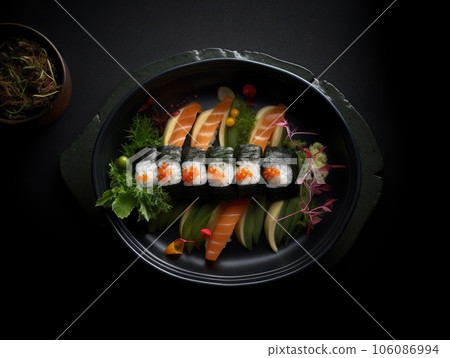 Top view of delicious sushi rolls on black table, Japanese food. Generative AI 106086994