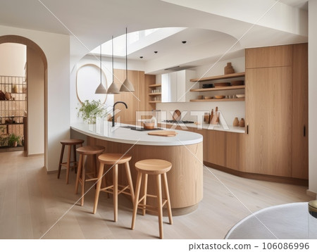 Contemporary wooden dining room and kitchen. Generative AI Contemporary wooden dining room and kitchen. Generative AI 106086996