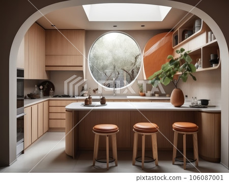Contemporary wooden dining room and kitchen. Generative AI 106087001