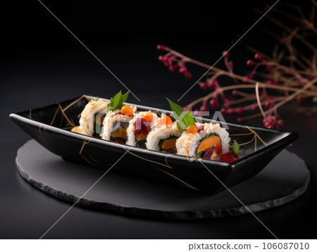 Delicious sushi rolls on black table, Japanese food. Generative AI 106087010