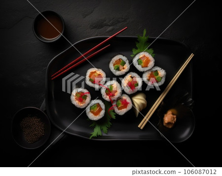 Top view of delicious sushi rolls on black table, Japanese food. Generative AI Top view of delicious sushi rolls on black table, Japanese food. Generative AI 106087012