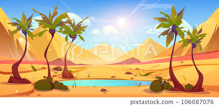 Palm tree, lake in desert oasis and sun in sky 106087076