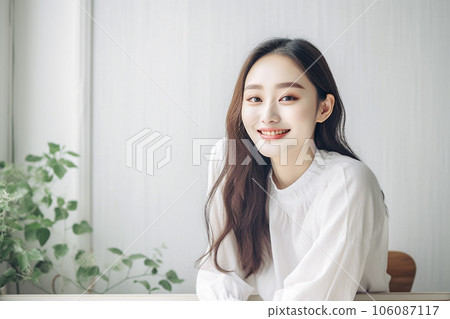 Smiling portrait of a young woman in the living room AI-generated image Generative AI 106087117