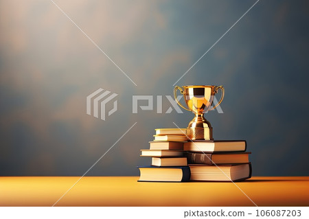 Stack of books with golden cup trophy. Academic and school knowledge, business education and graduation. copy space. Generative, AI Stack of books with golden cup trophy. Academic and school knowledge, business education and graduation. copy space. Generative, AI 106087203