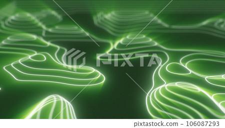 Abstract green futuristic hi-tech landscape with mountains and canyons from glowing energy circles and magic lines background 106087293