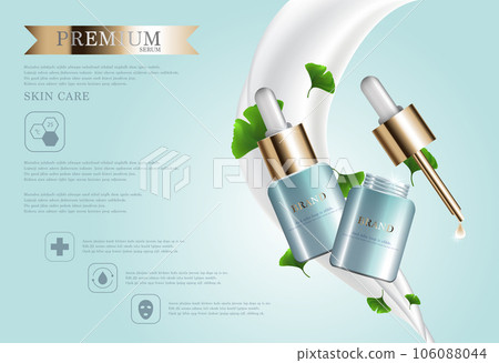 Hydrating facial milk serum for annual sale or festival sale. Green and gold serum mask bottle isolated on pour milk background. Graceful cosmetic ads, illustration. 106088044