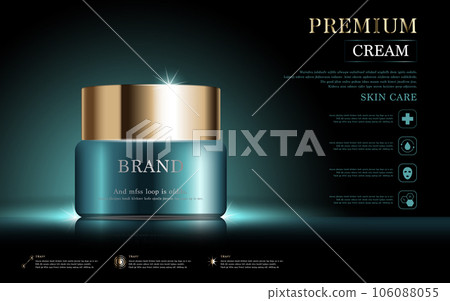 Hydrating facial cream for annual sale or festival sale. green and gold cream mask bottle isolated on golden light background. Graceful cosmetic ads, illustration. 106088055