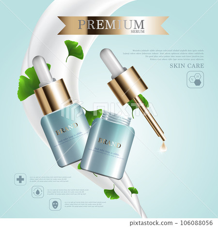 Hydrating facial milk serum for annual sale or festival sale. Green and gold serum mask bottle isolated on pour milk background. Graceful cosmetic ads, illustration. 106088056