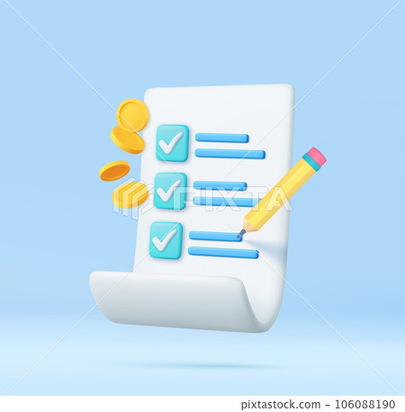 3d Paper with checkbox, pancil and golden coins 3d Paper with checkbox, pancil and golden coins 106088190