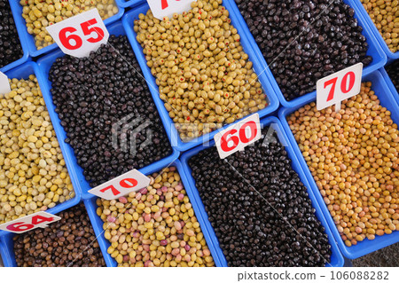 Buckets of olives for sale street food market 106088282