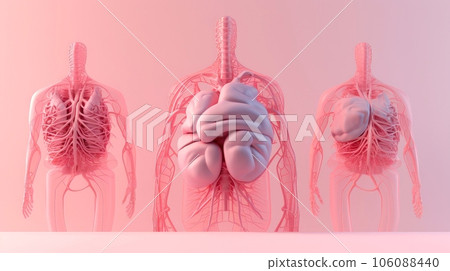 3D illustration mockup of the human organ system, Anatomy, Nervous, circulatory, digestive, excretory, urinary,and bone systems. Medical education concept, Generative AI illustration 106088440