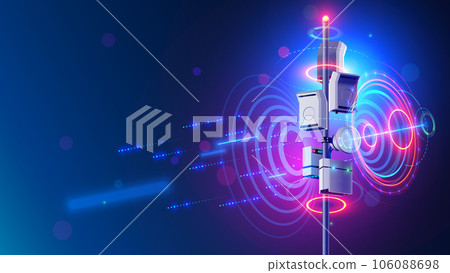5g mobile internet communication tower. Wireless broadband antenna transmit telecommunication signal. 5g antenna network. 5g communication tower broadcast mobile signal. Communication technology. 5g mobile internet communication tower. Wireless broadband antenna transmit telecommunication signal. 5g antenna network. 5g communication tower broadcast mobile signal. Communication technology. 106088698