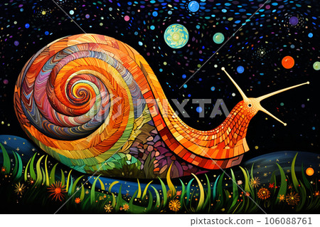 Nocturnal Radiance - The Snail's Colorful Waltz Under the Stars Nocturnal Radiance - The Snail's Colorful Waltz Under the Stars 106088761