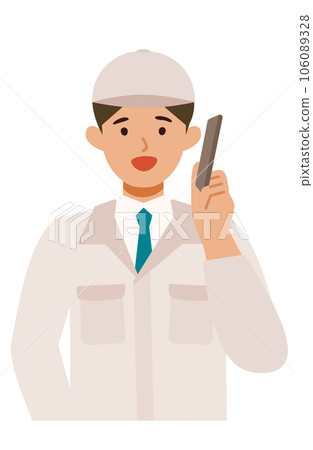 Illustration of a man in work clothes speaking on a smartphone Illustration of a man in work clothes speaking on a smartphone 106089328
