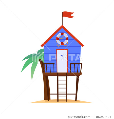 Blue bungalow with lifebuoy and palm tree, vector cartoon isolated vintage villa, summer stilt home, small coast hut 106089495
