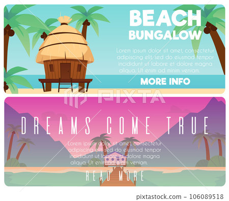 Beach bungalow hotel or resort banners set, flat vector illustration. Beach bungalow hotel or resort banners set, flat vector illustration. 106089518
