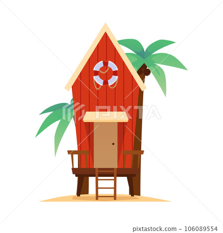Bungalow with lifebuoy and palm trees, vector cartoon vintage villa for vacation and resort on exotic island, small hut Bungalow with lifebuoy and palm trees, vector cartoon vintage villa for vacation and resort on exotic island, small hut 106089554