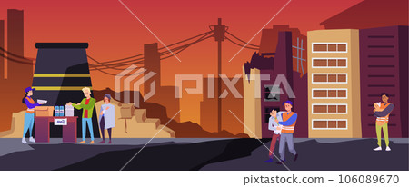 Volunteers help sufferer people after catastrophe, natural disaster, war or earthquake, vector destroyed infrastructure 106089670