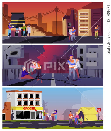 Volunteers help people after catastrophe, natural disaster, war or earthquake, vector set destroyed infrastructure, tent 106089671