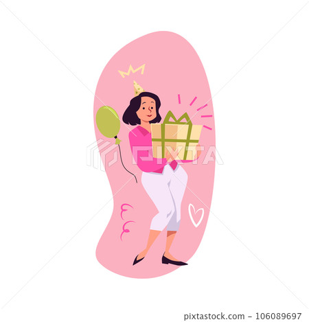 Excited woman holding gift box with bow, holiday surprise, birthday celebration, prize cartoon vector illustration 106089697