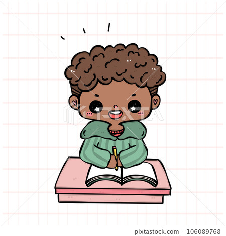 Cute Student Boy Concentrating on Study in Colorful Classroom Cartoon Illustration 106089768