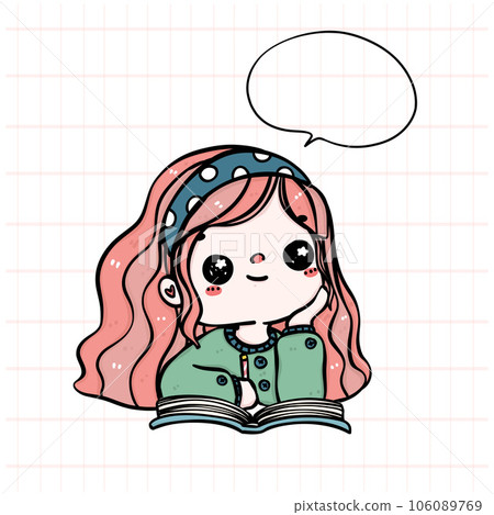 A cute cheerful student girl lost in dreams in a classroom. Colorful and playful character illustration doodle hand drawing. 106089769