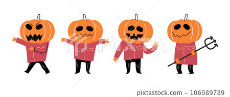 Set of cute Scarecrow with Pumpkin head . Halloween cartoon characters . Doodle drawing style . Vector. Set of cute Scarecrow with Pumpkin head . Halloween cartoon characters . Doodle drawing style . Vector. 106089789