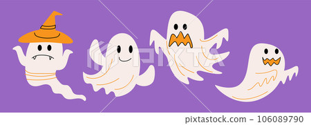 Set of cute Soul . Halloween cartoon characters . Doodle drawing style . Vector. 106089790