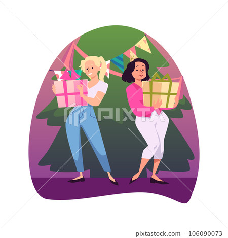 Happy women celebrate Merry Christmas and New Year, excited with present gift box near christmas tree vector illustration Happy women celebrate Merry Christmas and New Year, excited with present gift box near christmas tree vector illustration 106090073