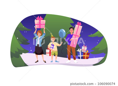 Happy family celebrate Merry Christmas, New Year, excited with present gift box near christmas tree vector illustration Happy family celebrate Merry Christmas, New Year, excited with present gift box near christmas tree vector illustration 106090074